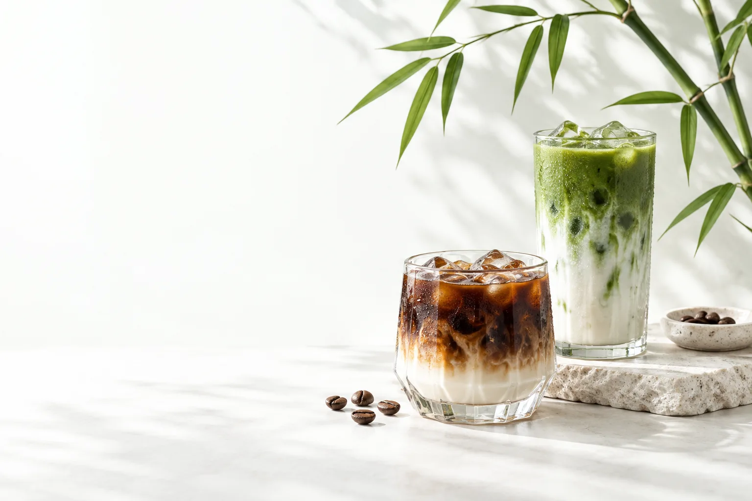 Ảnh minh họa cà phê và matcha bên nhành trúc xanh